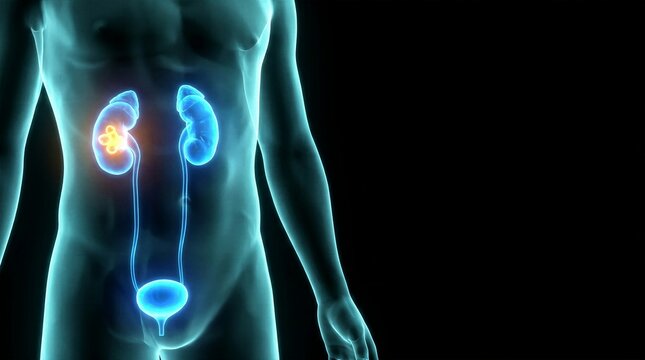 3d rendered illustration of male urinary system with kidney disease highlighted on black background