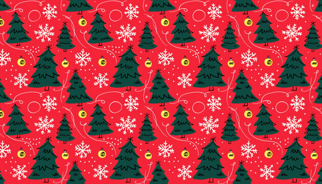 red Christmas background with snowflakes and christmas trees,seamless pattern of christmas trees and snowflakes on red background,Christmas wrapping paper, Xmas pattern with ornaments. See Less
