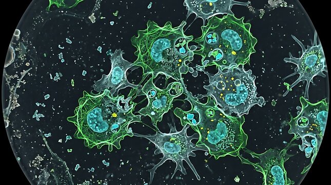 Green virus cells and bacteria floating under a microscope view in a dark scientific laboratory. cellular defense motifs