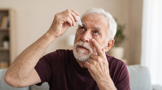 Senior man applying eye drops in his eye at home