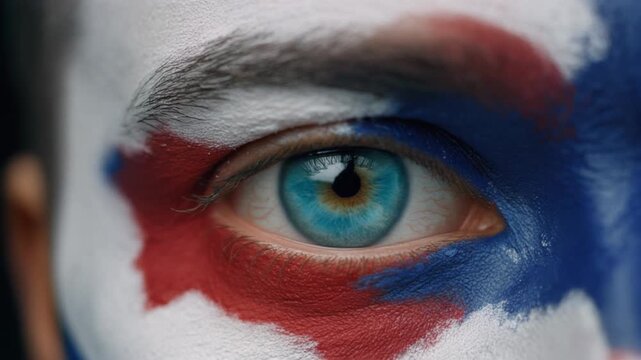 Extreme macro photorealistic footage of a fictional adult male football supporter's eye, vibrant cyan teal iris with England flag face paint