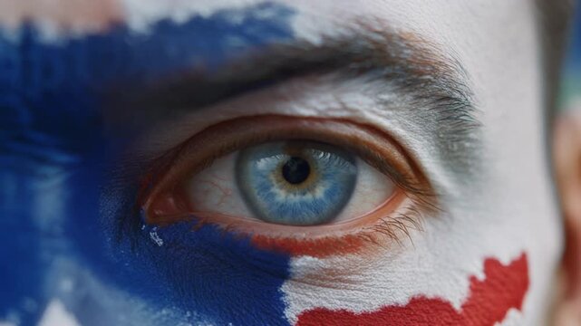 Extreme macro photorealistic footage of a fictional adult male football supporter's eye, vivid blue iris with England flag face paint