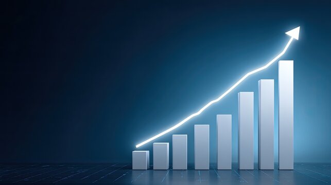 Blue tech style growing bar chart with glowing upward arrow, financial data growth and business profit concept, copy space