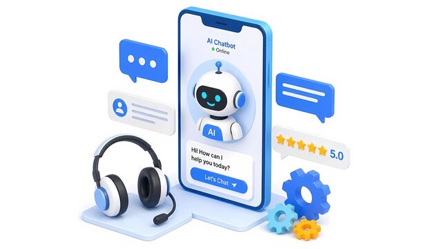 3D isometric AI customer support chatbot illustration on smartphone screen