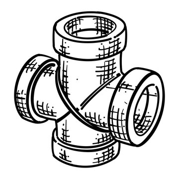 cross pipe fitting vector line art hand drawn illustration