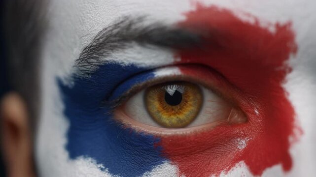 Extreme macro photorealistic footage of a fictional adult male football supporter's eye, rich amber iris with England flag face paint