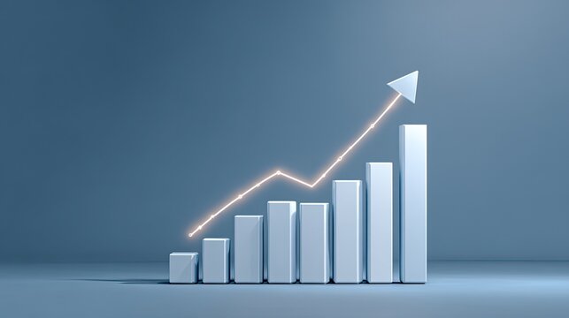 Blue tech style growing bar chart with glowing upward arrow, financial data growth and business profit concept, copy space