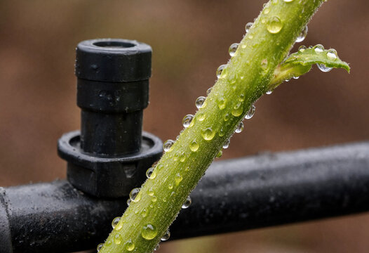Dew drops morning condensation on plant stem near drip irrigation emitter