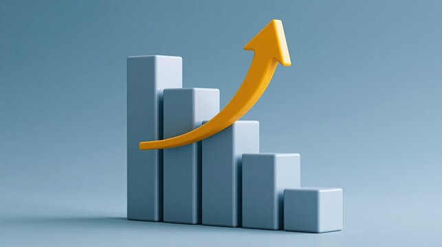 Blue tech style growing bar chart with glowing upward arrow, financial data growth and business profit concept, copy space