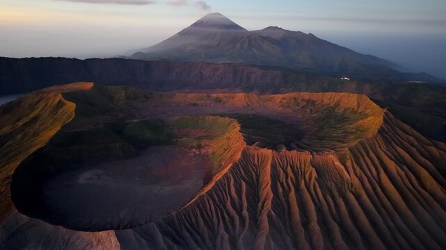 Drone aerial sunrise over Mount Bromo crater with glowing ridges and distant volcano