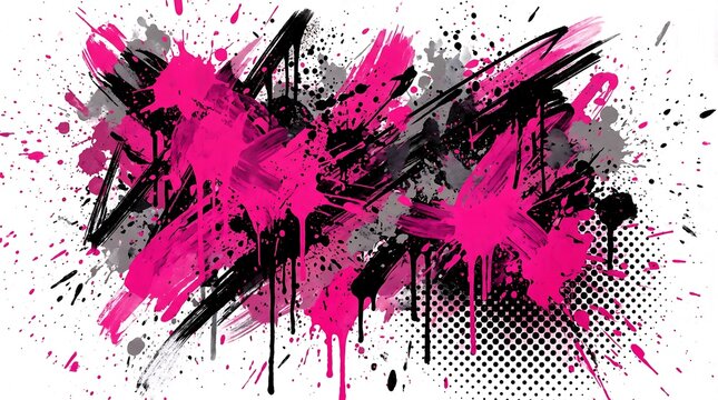 Abstract pink and black paint splatter with halftone dots on a white background