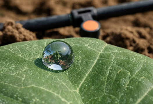 Water droplet refraction on plant leaf showing tiny inverted field scene