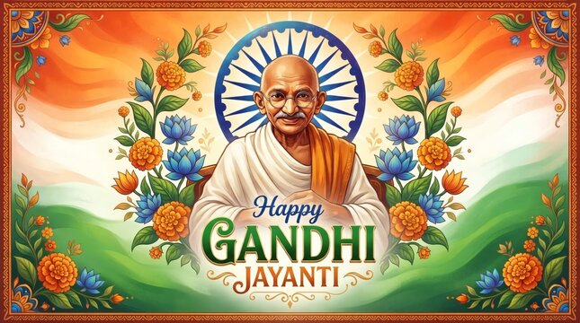 Gandhi Jayanti Greeting with Mahatma Gandhi Portrait, Ashoka Chakra and Tricolor Floral Design