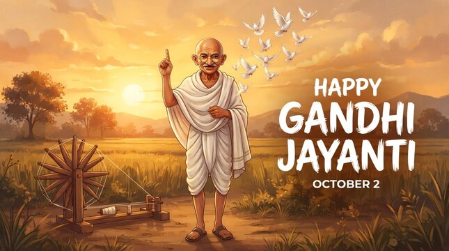 Gandhi Jayanti Greeting with Mahatma Gandhi, Spinning Wheel and Flying White Doves