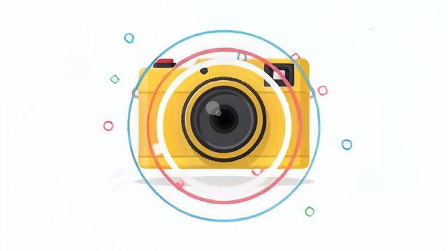 Minimalist flat design animated yellow camera on colorful geometric background