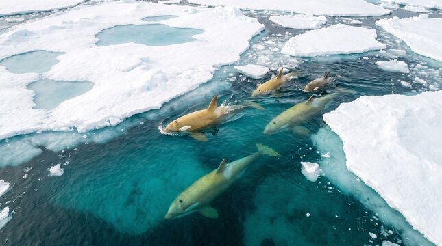Aerial View of Antarctic Type B Orca Pod Swimming Through Sea Ice Floes