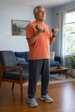 Senior man exercising with dumbbells at home. Older man lifting weights in cozy living room with sofa and armchair. Active aging, fitness and healthy lifestyle concept.