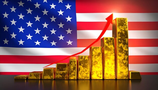 Gold bars forming an upward chart in front of the United States flag, illustrating rising gold prices, precious metal investment, economic trends, and market growth.
