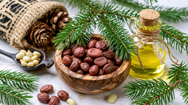 Hazelnuts in wooden bowl with oil and fir branches hazelnut oil pine cones nut oil