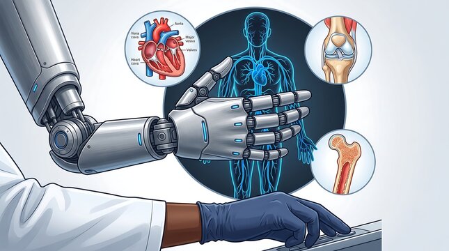 Robotic arm interacting with human anatomy illustration showing heart bones and circulatory system