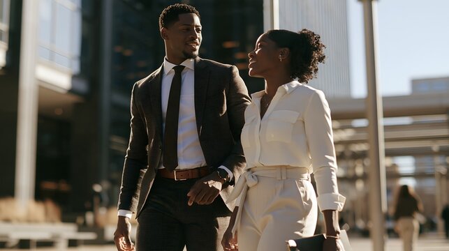 Couple walks confidently through city during bright daylight