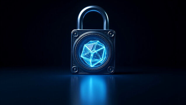 Futuristic metallic padlock with glowing blue holographic data core, cyber security, blockchain encryption and data protection concept, 3D render
