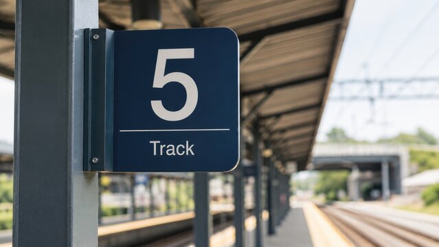 Railway Platform Sign Showing Track Number Five at Modern Train Station