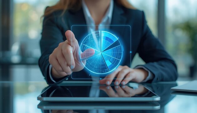 Professional touching a glowing blue digital pie chart visualization on a modern tablet screen with data analysis digital interface interactive dashboard financial planning market research