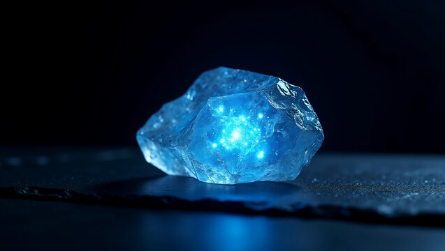 Futuristic glowing blue raw crystal stone on dark background, quantum energy core and artificial intelligence power source concept, 3D render
