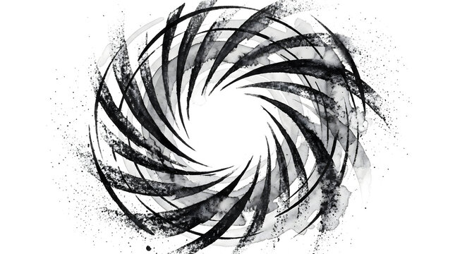 Ink whirlpool swirl features sharp curved brush strokes spinning around a hollow center as a PNG texture with transparent background