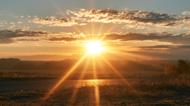 Golden sunset sunburst over an agricultural field with lens flare golden hour light rays