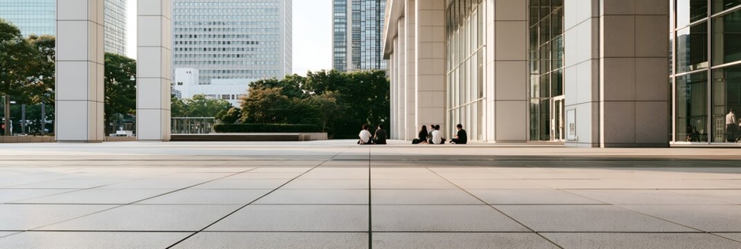 Low-angle shot of city square with people relaxing near columns
