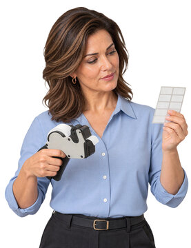 Mature woman applying blank labels with handheld label maker isolated on transparent background.