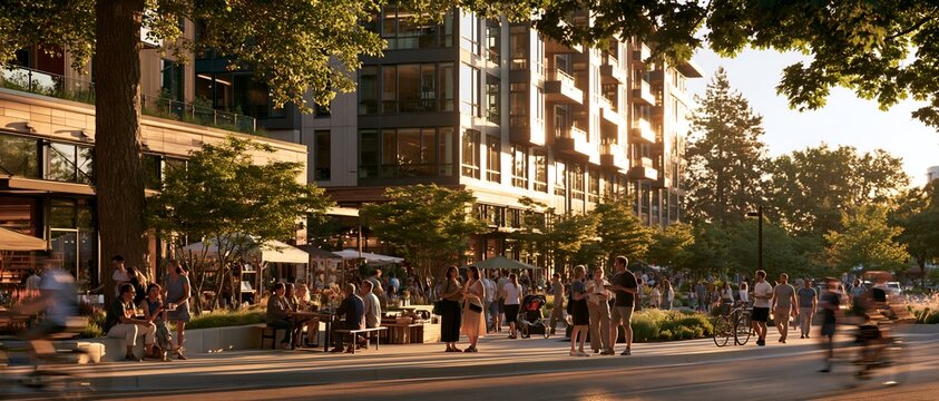 Outdoor urban plaza at golden hour with people walking and gathering
