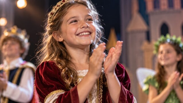 Happy Young Girl in Princess Costume Applauding During Children Theater Performance