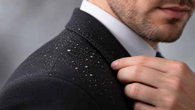 Close Up of Man Showing Dandruff Flakes on Shoulder of Black Business Suit