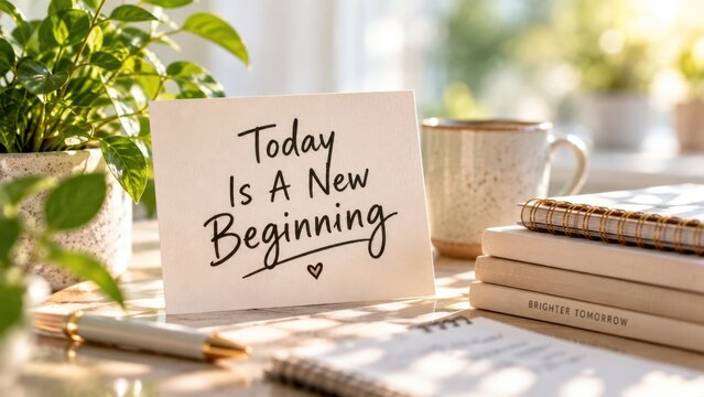 Inspirational New Beginning Message on Desk with Green Plants and Warm Morning Sunlight