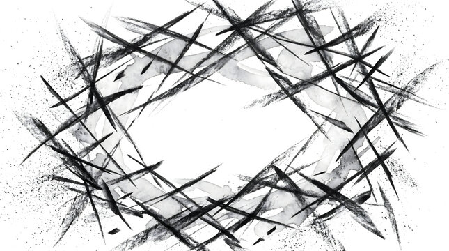 Thorn like ink strokes criss cross into a jagged oval frame around an open hollow center as a PNG with transparent background