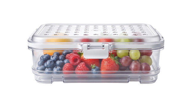 Clear plastic food storage container filled with fresh berries and fruit, airtight meal prep container on white background