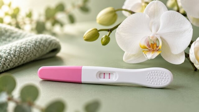 Positive Pregnancy Test with White Orchid Flowers on Soft Green Background