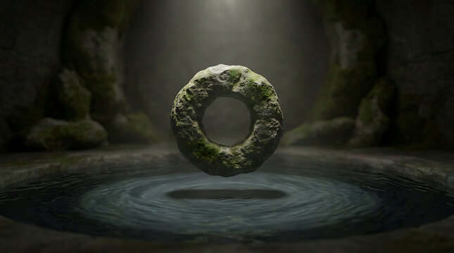 Ancient stone ring floating above rippling pool