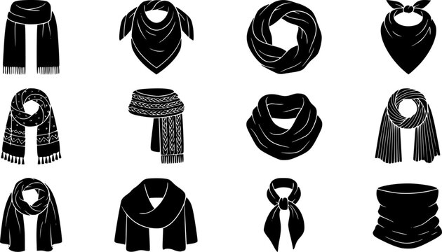 set of women's scarf flat sketch vector illustration cad mock up template
