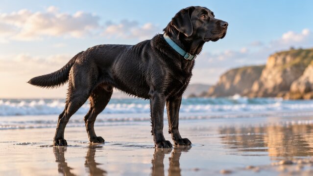 Wet Black Labrador Dog Standing on Beach by Ocean at Sunset