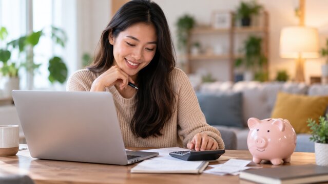 Smiling Young Woman Managing Household Budget with Laptop Calculator and Piggy Bank at Home