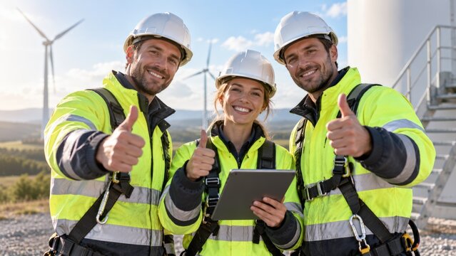 Team of Wind Energy Engineers in Safety Equipment Giving Thumbs Up at Wind Farm