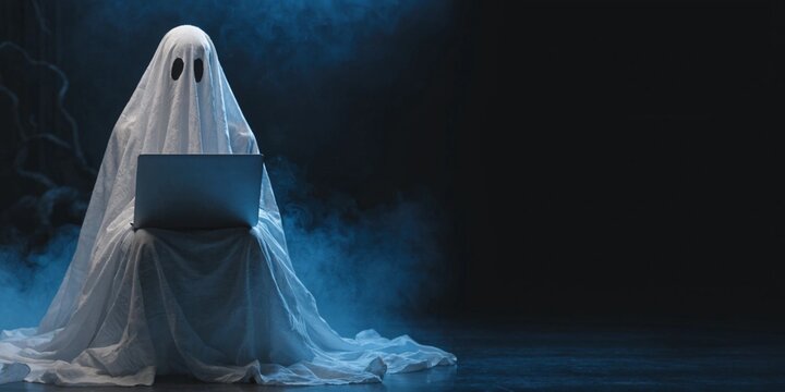 Ghost covered in a white sheet using a laptop in a dark blue Halloween atmosphere