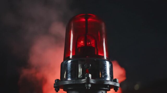 Emergency Red Warning Beacon Rotating With Smoke At Night
