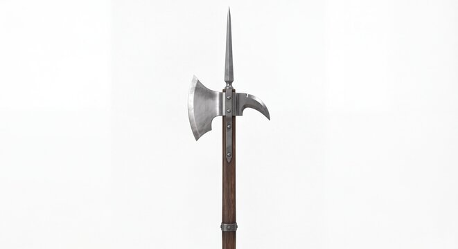 A detailed studio shot of a medieval poleaxe weapon featuring a sharp metal blade and wooden shaft.
