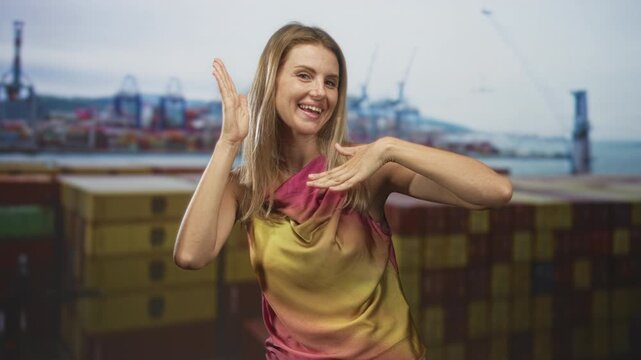Woman smiling and waving hands with palms facing forward amid stacked shipping containers at a port building; joyful travel.