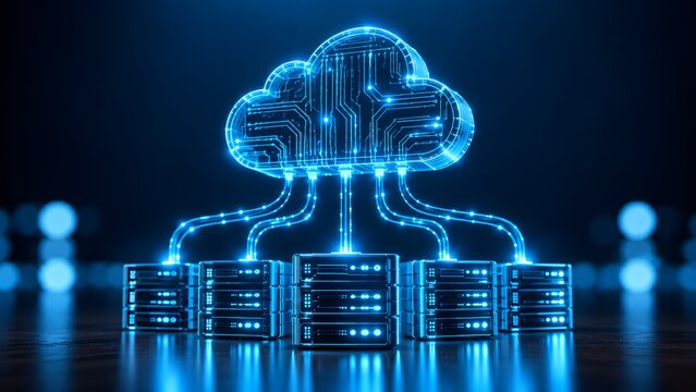 Cloud computing and data storage concept with a glowing blue neon cloud icon connected to server racks featuring circuit board patterns